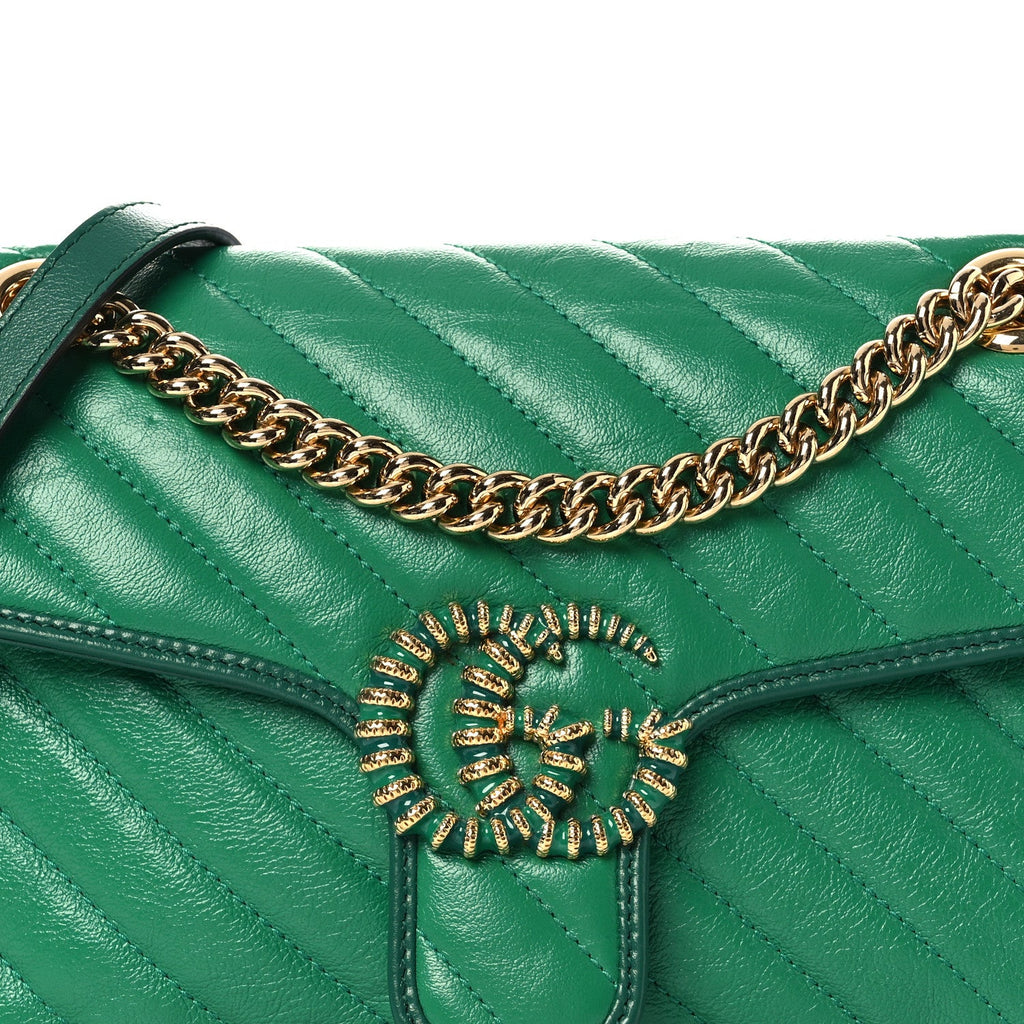 Azalea Calfskin Enamel Matelasse Diagonal Small Torchon GG Marmont Shoulder Bag New Shamarock Emerald