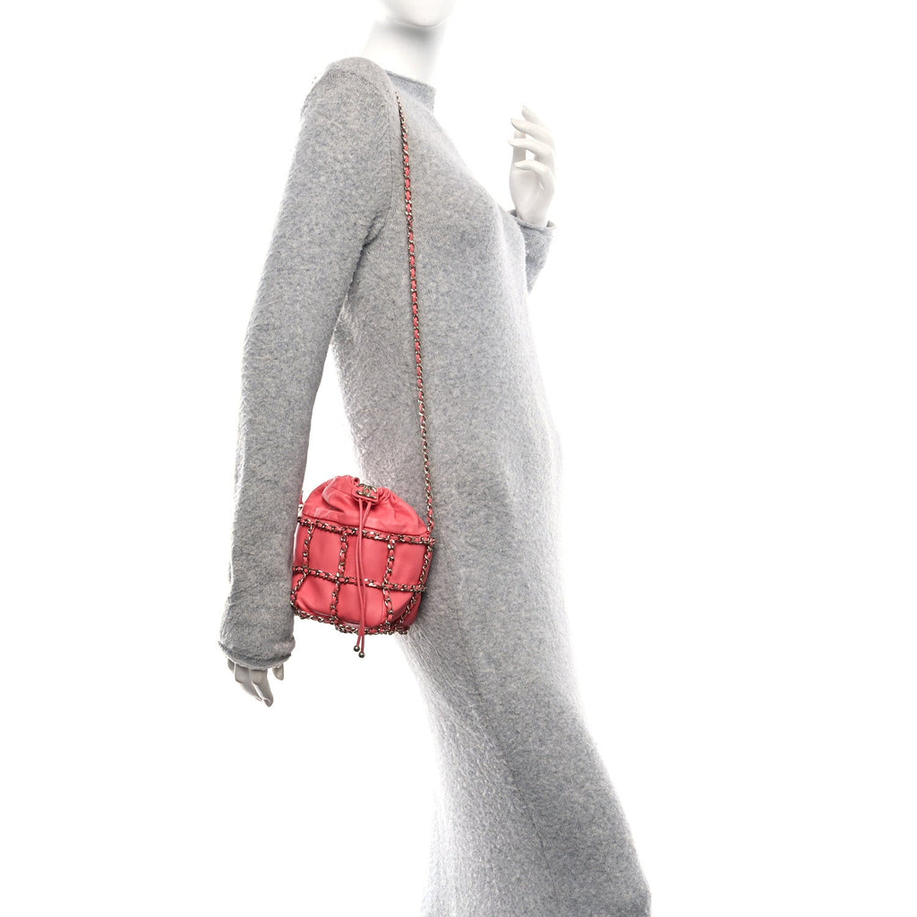 Lambskin Bucket Chain Drawstring Bag Pink