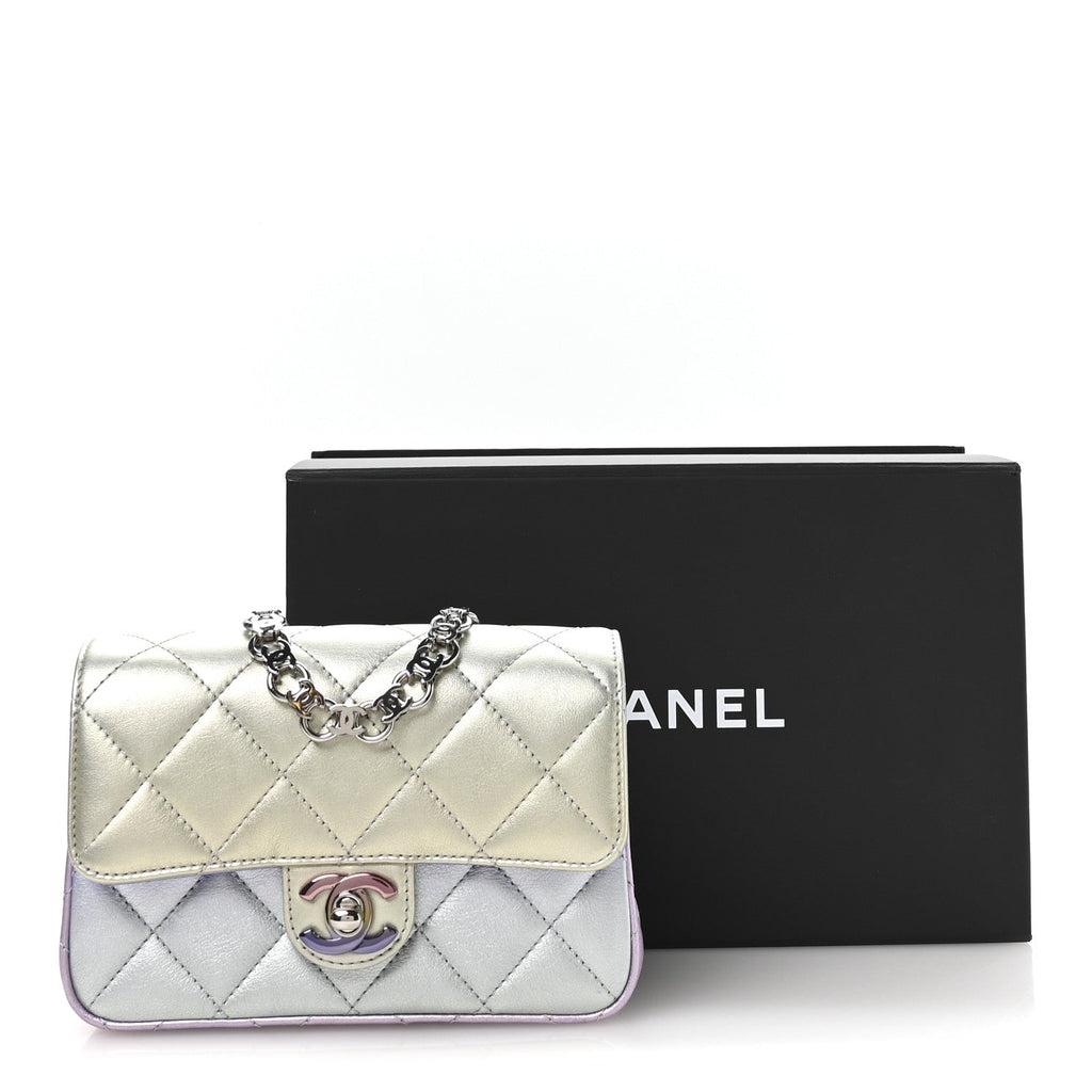 Gradient Metallic Calfskin Quilted Clutch Silver Blue Yellow Purple