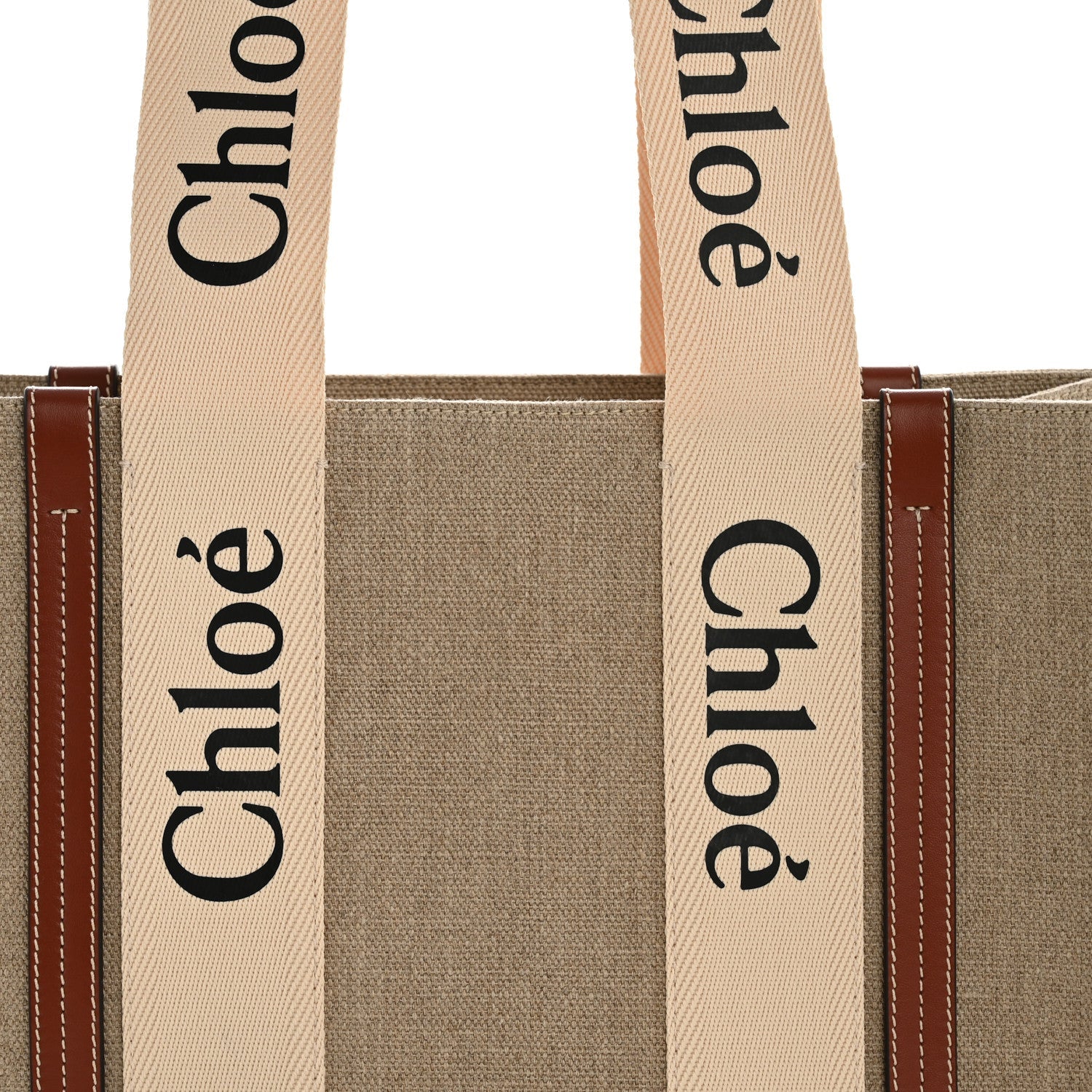 Linen Calfskin Medium Woody Ribbon Tote White Brown