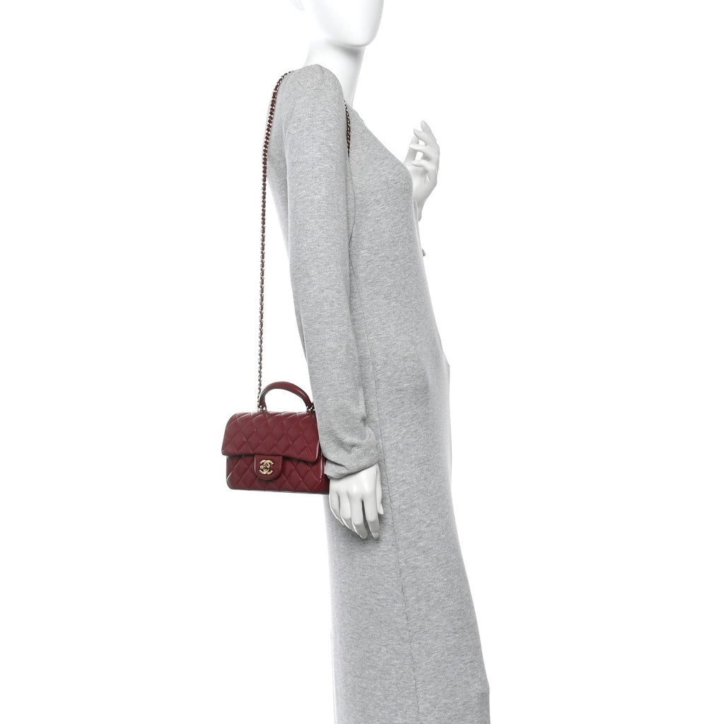 Lambskin Quilted Mini Top Handle Rectangular Flap Burgundy