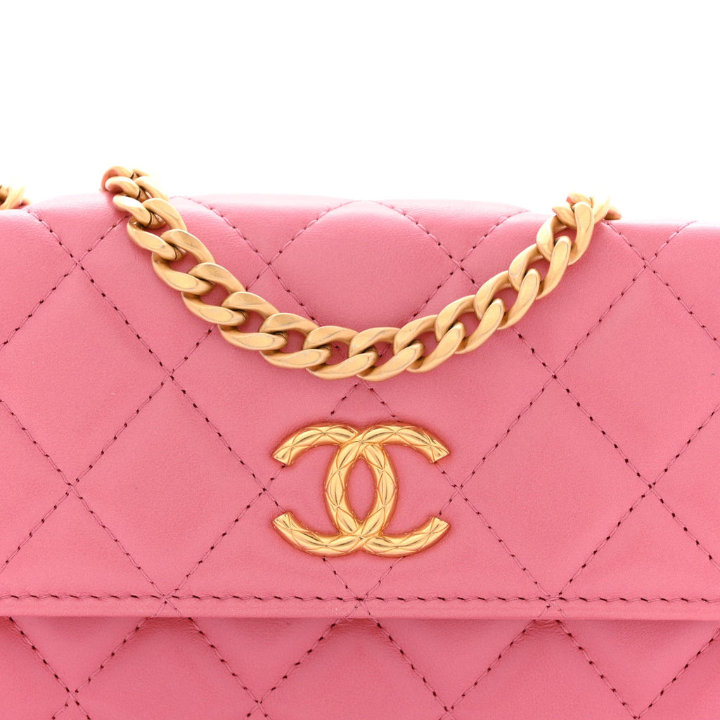 Lambskin Quilted Pillow Crush Flap Phone Holder With Chain Pink