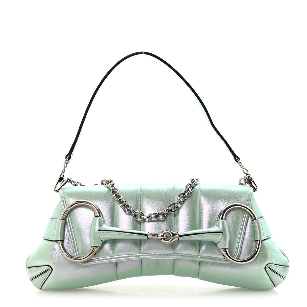 Iridescent Nappa Vertical Matelasse Medium Maxi Horsebit Chain Shoulder Bag Iridescent Salvy Green