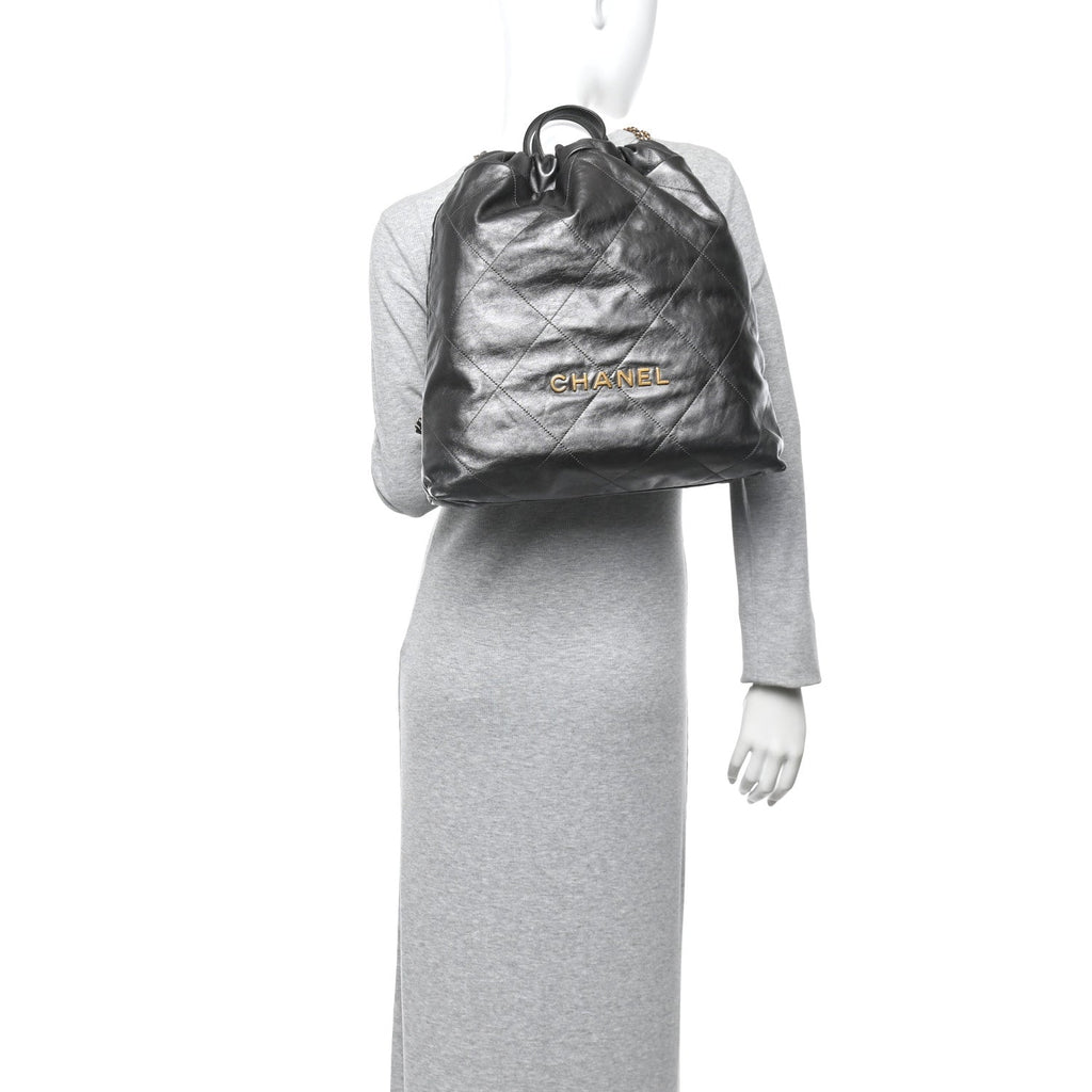 Shiny Calfskin Quilted Chanel 22 Backpack Grey