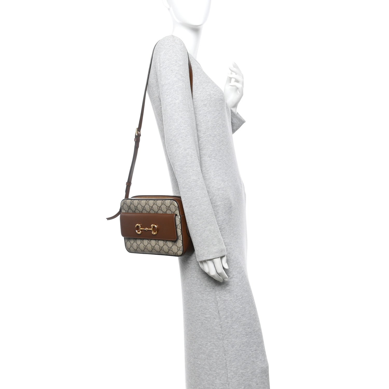 GG Supreme Monogram Small Horsebit 1955 Shoulder Bag Beige Brown Sugar