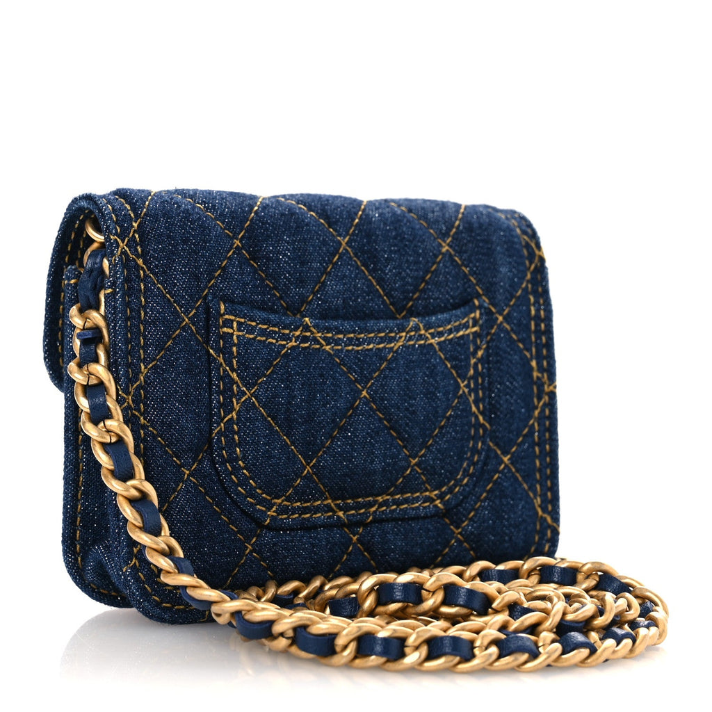 Denim Quilted Double You  Holder On Chain Blue