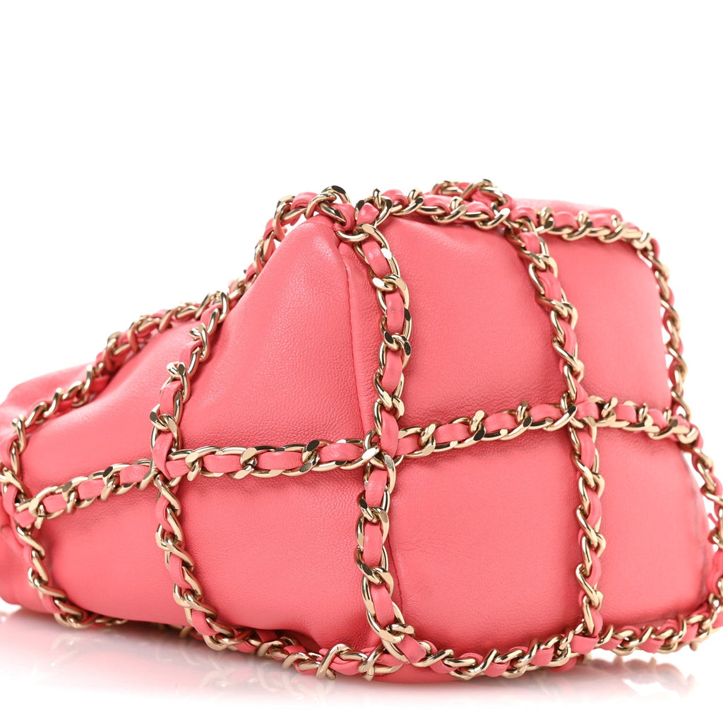 Lambskin Bucket Chain Drawstring Bag Pink