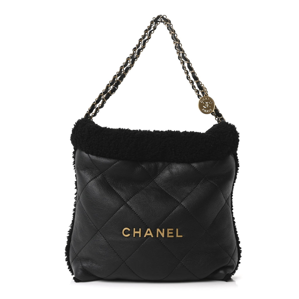 Aged Lambskin Shearling Quilted Small Chanel 22 Black