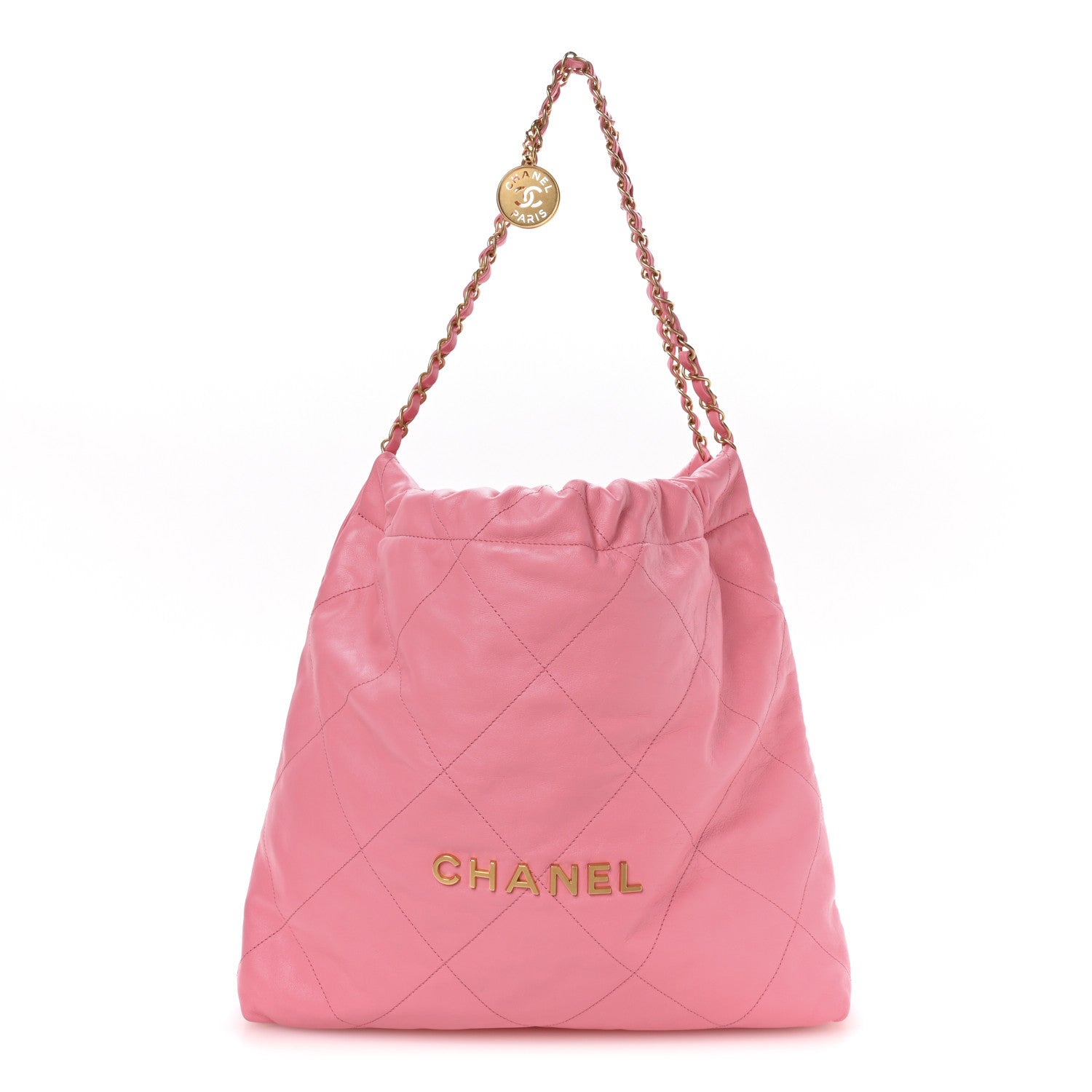 Shiny Calfskin Quilted Chanel 22 Drawstring Bag Pink