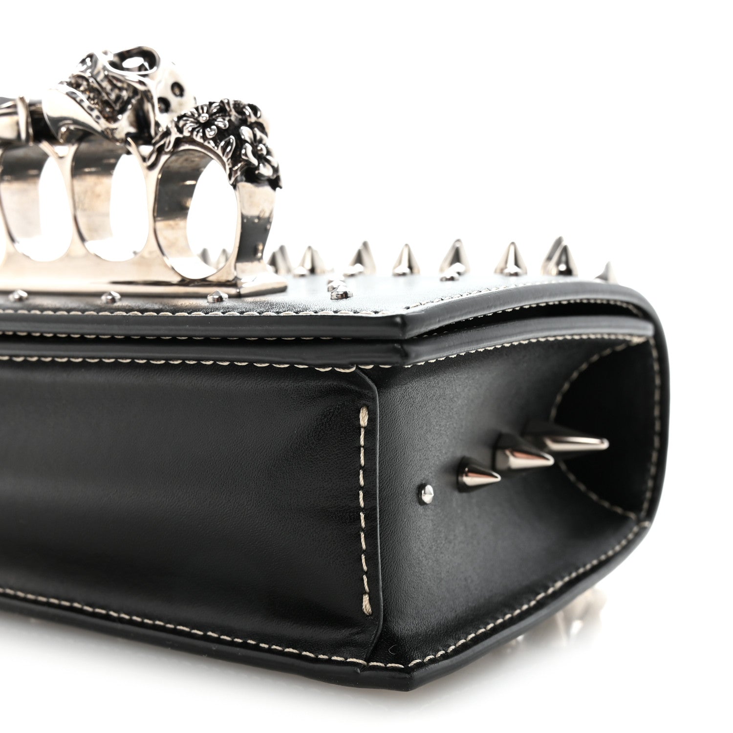 Calfskin Spike Studded Knuckle Satchel Black Silver