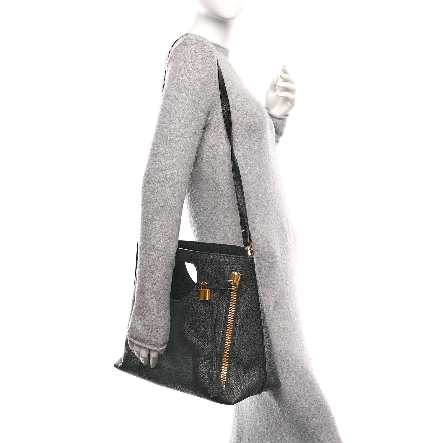 Pebbled Calfskin Alix Padlock Foldover Bag Black