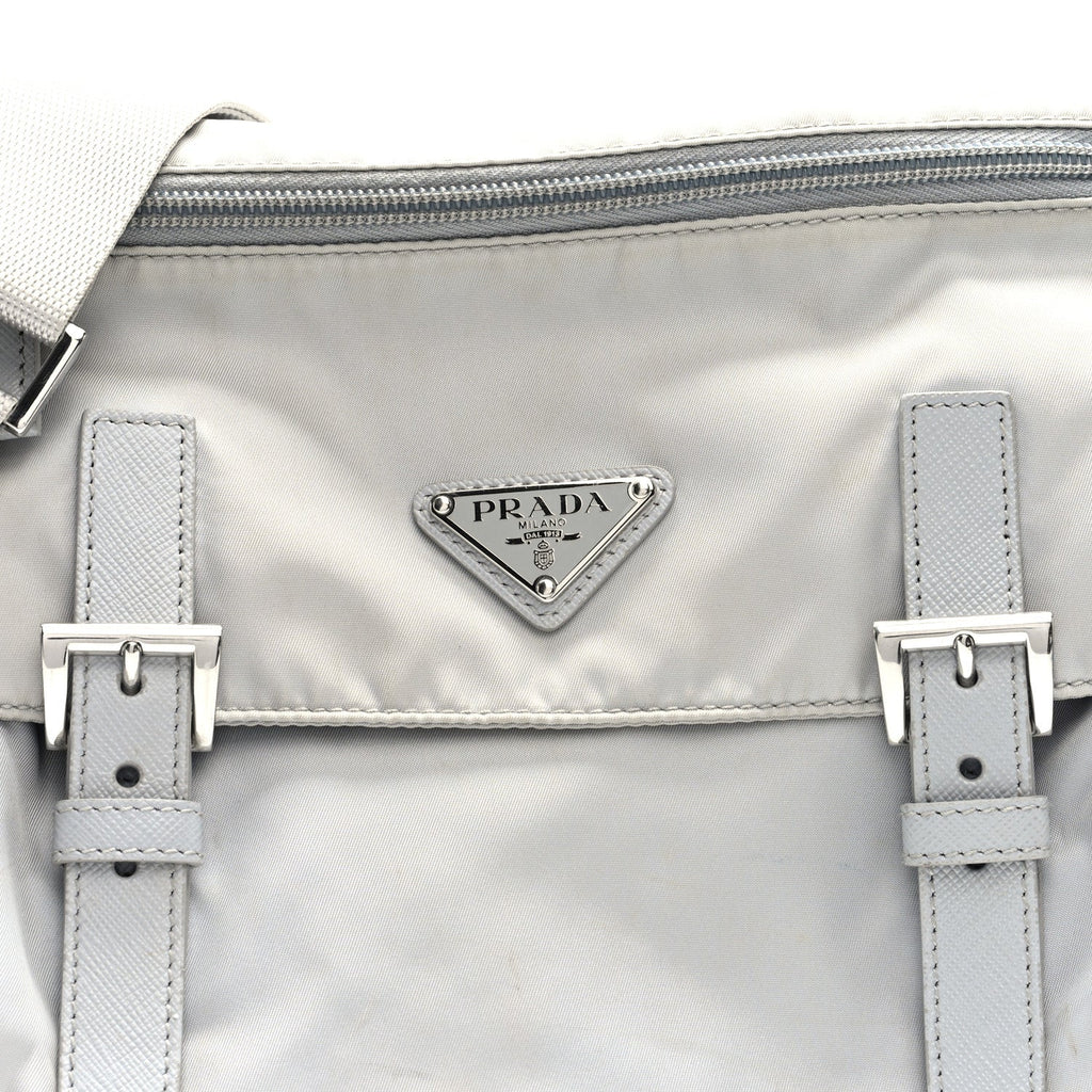 Re-Nylon Vela Saffiano Pocket Double Buckle Messenger Shoulder Bag Fiordaliso