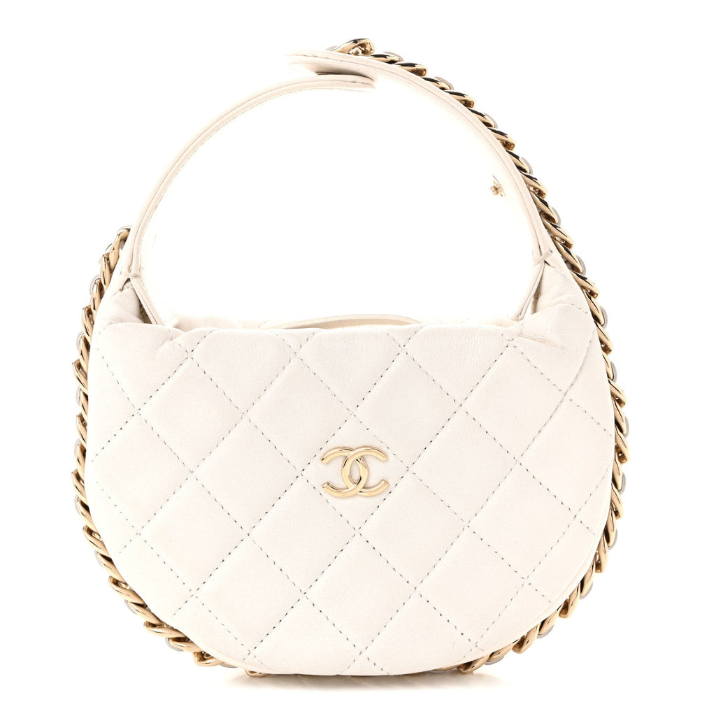 Lambskin Quilted Chain Around Pouch Hobo White