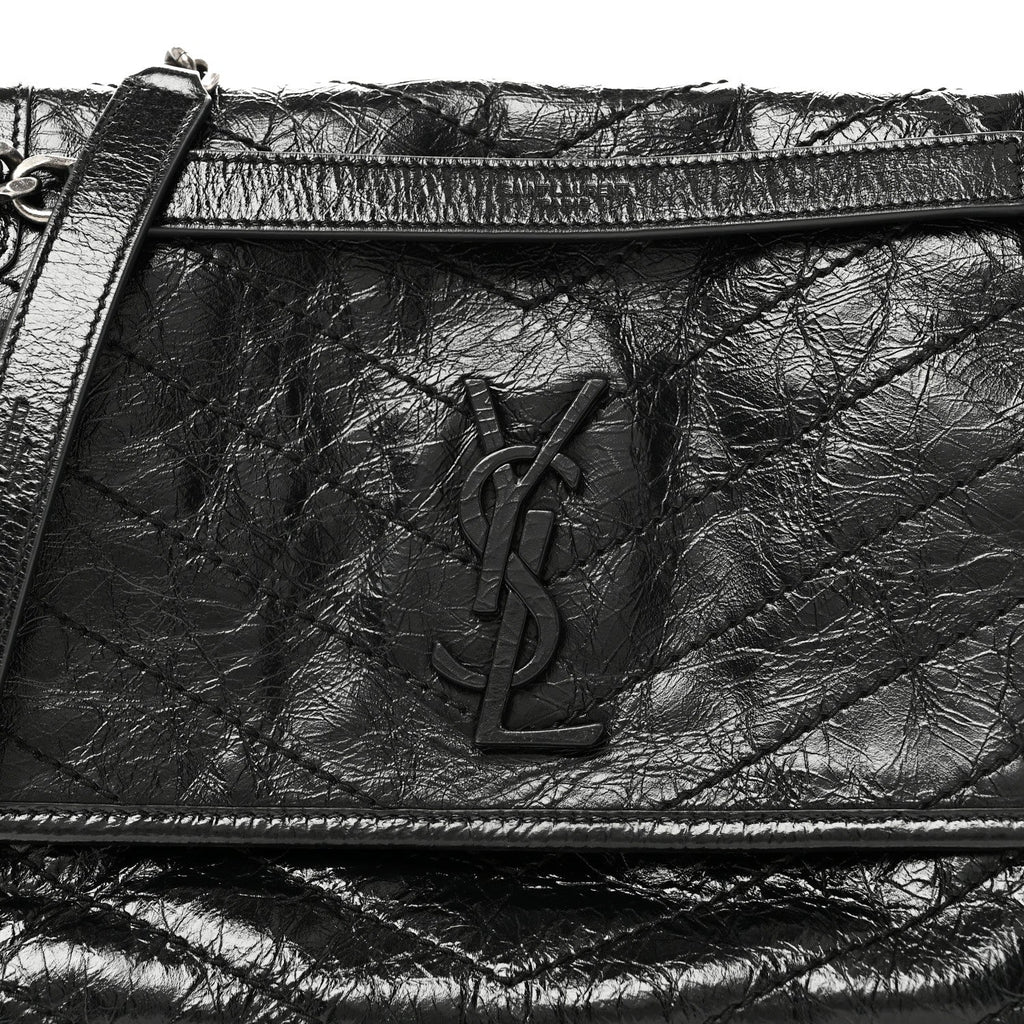 Crinkled Calfskin Matelasse Monogram Medium Niki Chain Satchel Black