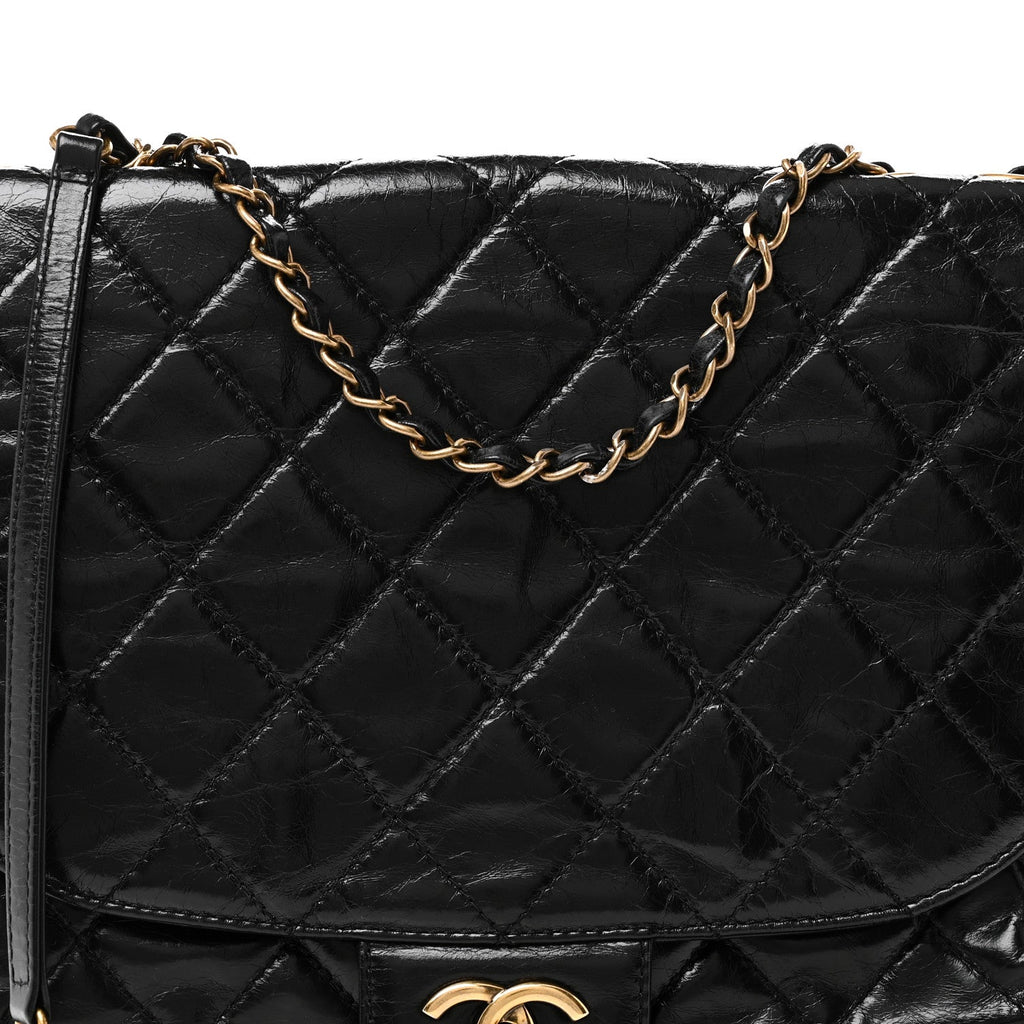 Glazed Calfskin Quilted Medium Bubble CC Flap Black