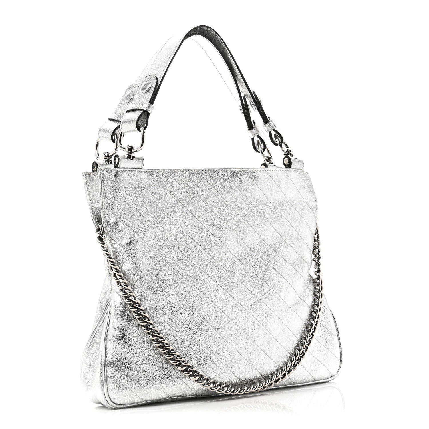 Sakai Be Green Calfskin Diagonal Stitched Small Blondie Tote Silver