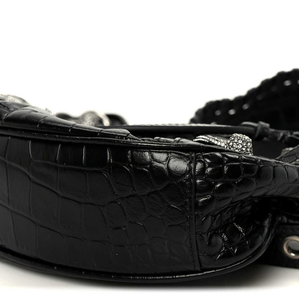 Extra Supple Calfskin Crystal Crocodile Embossed Le Cagole Shoulder Bag XS Black