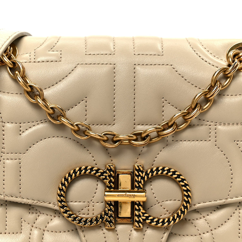 Calfskin Quilted Gancini Flap Bag Peony