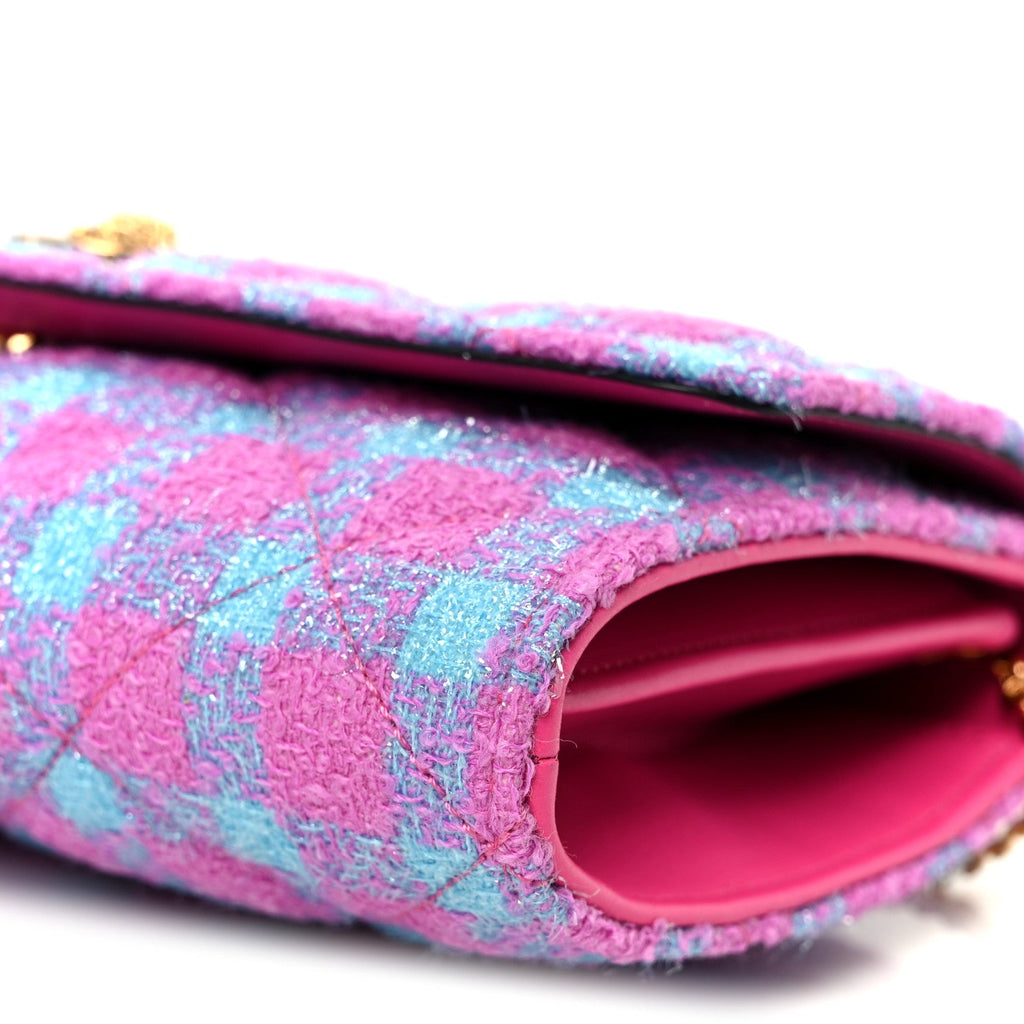Tweed Quilted Medusa Wallet on Chain Crossbody Pink Blue