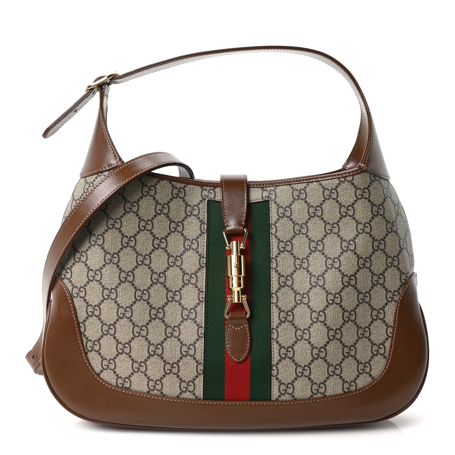 GG Supreme Monogram Azalea Calfskin Web Medium Jackie 1961 Hobo Beige Ebony Brown Sugar