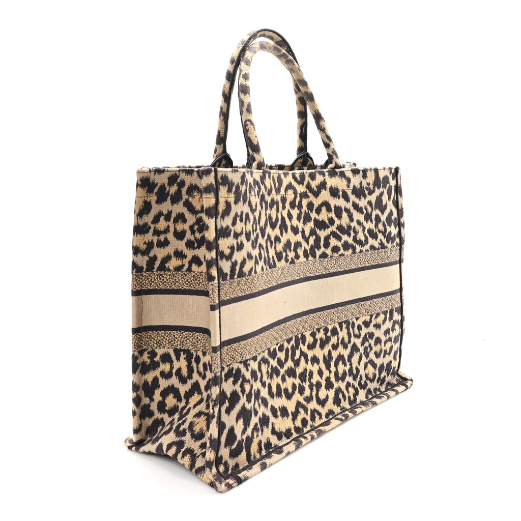 Canvas Mizza Embroidered Large Leopard Book Tote Beige