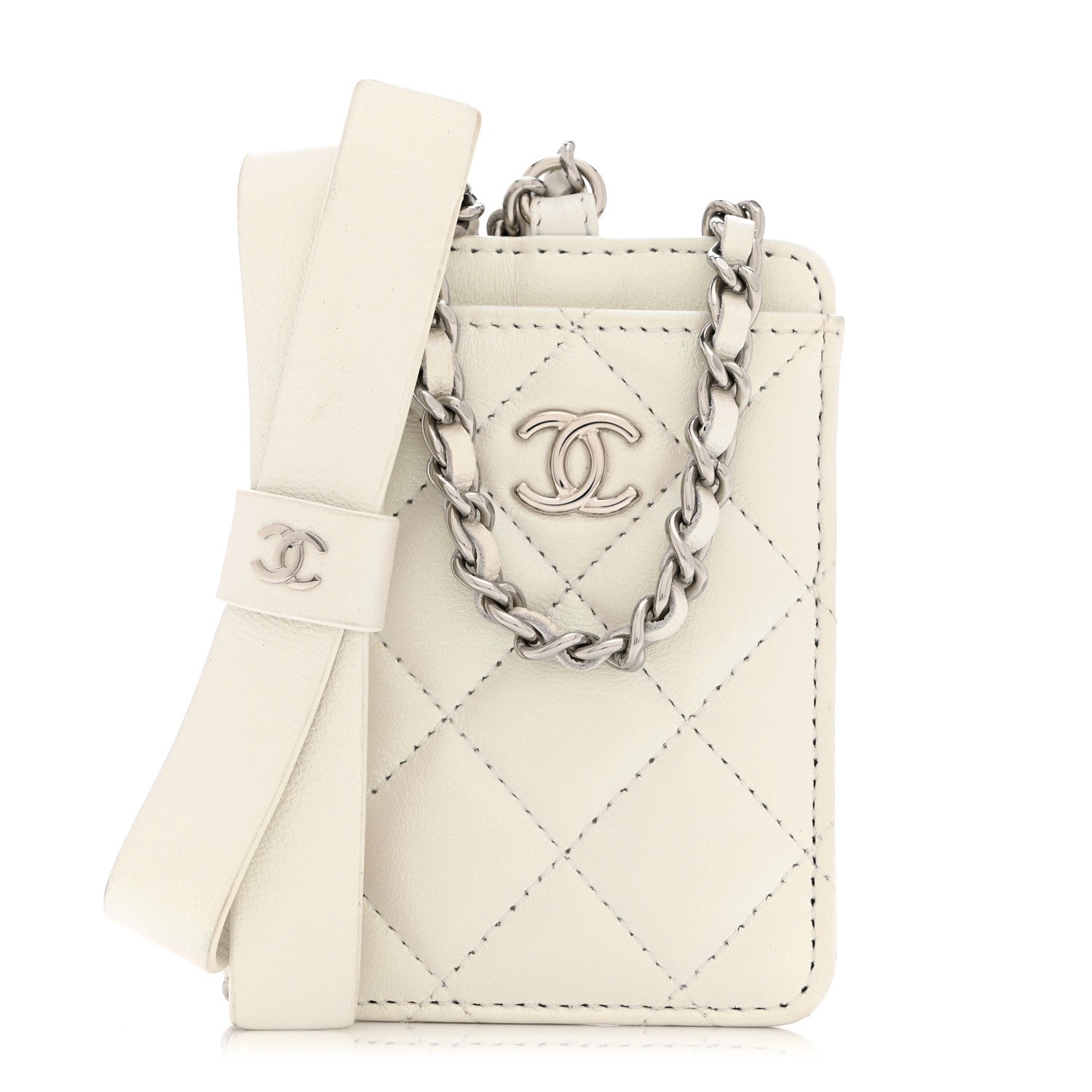 Iridescent Lambskin Quilted Coco Bow  Holder On Chain White