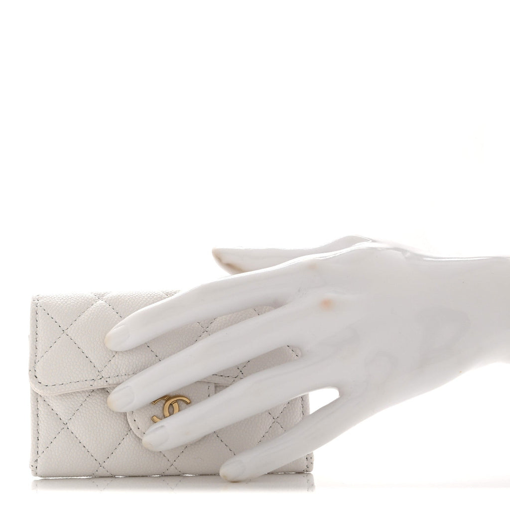 Caviar Quilted Flap  Holder Wallet White