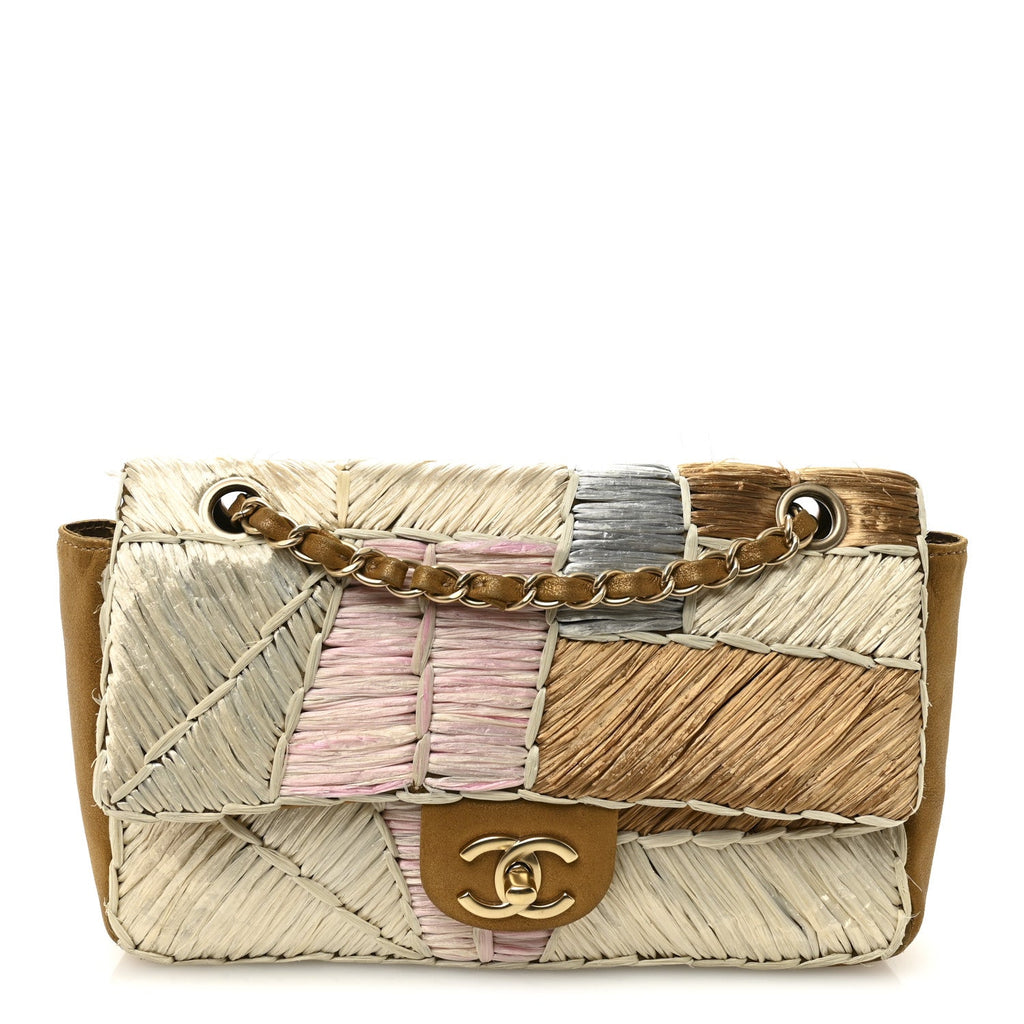 Metallic Woven Raffia Patchwork Single Flap Gold