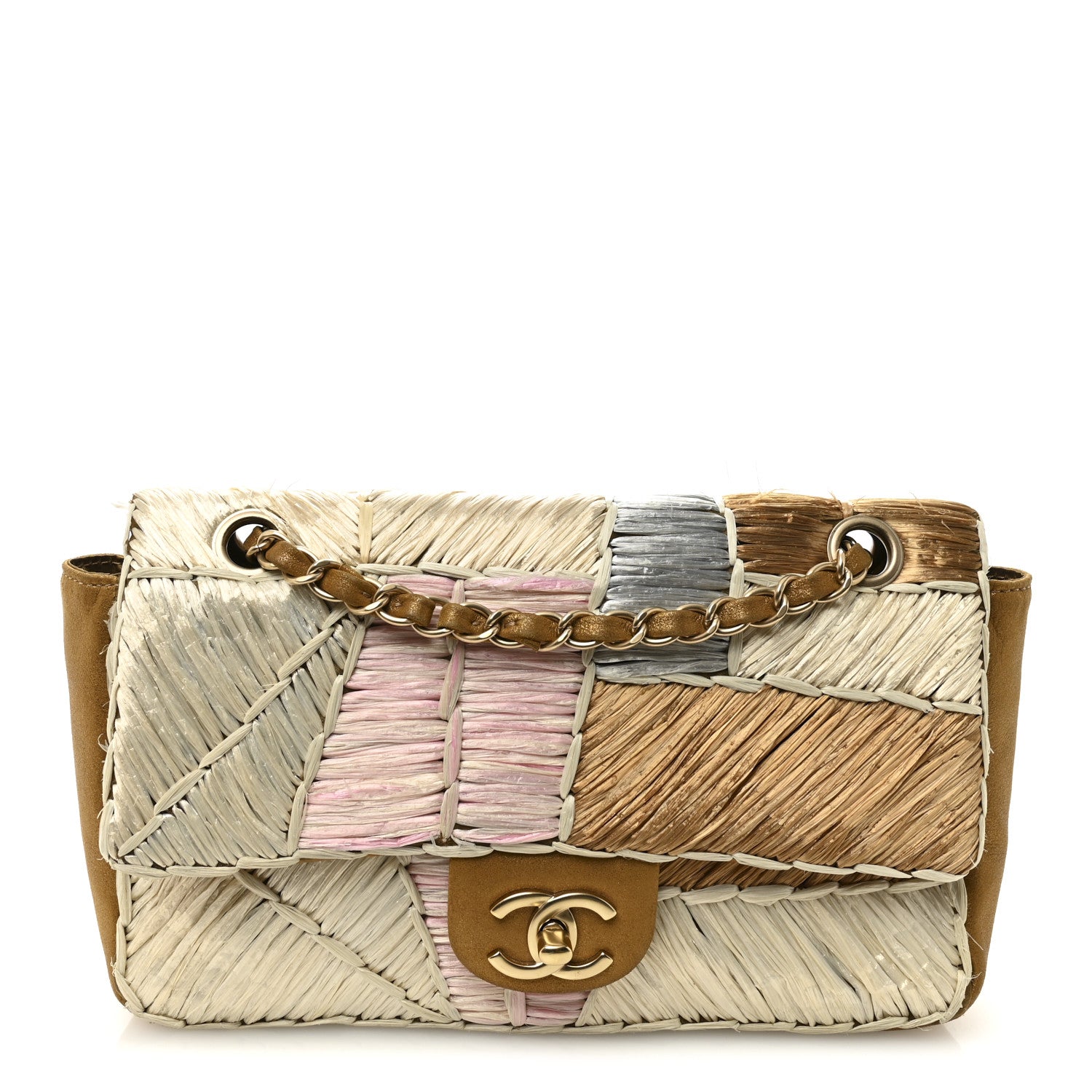Metallic Woven Raffia Patchwork Single Flap Gold