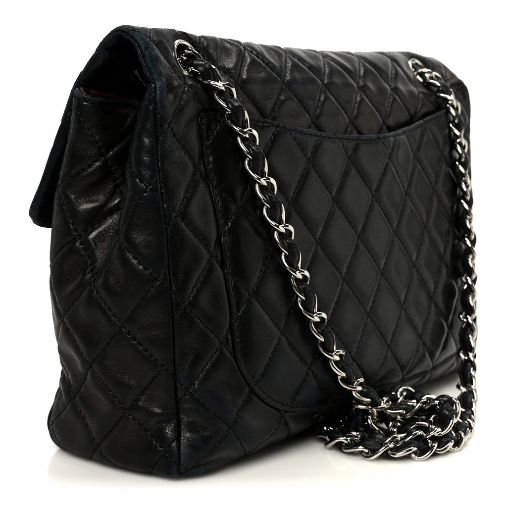 Washed Lambskin Quilted Maxi Single Flap Black