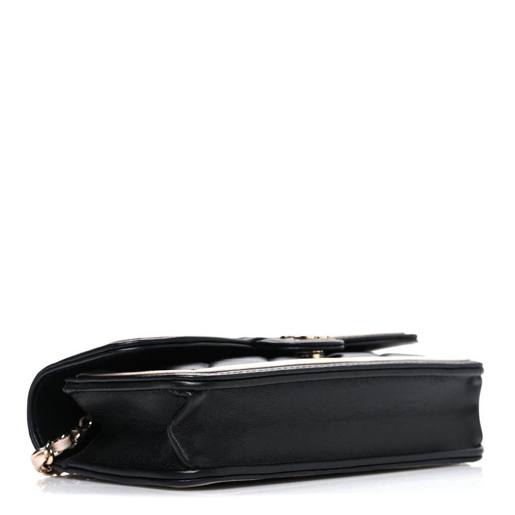 Lambskin Quilted Phone Holder Wallet With Chain Black Beige