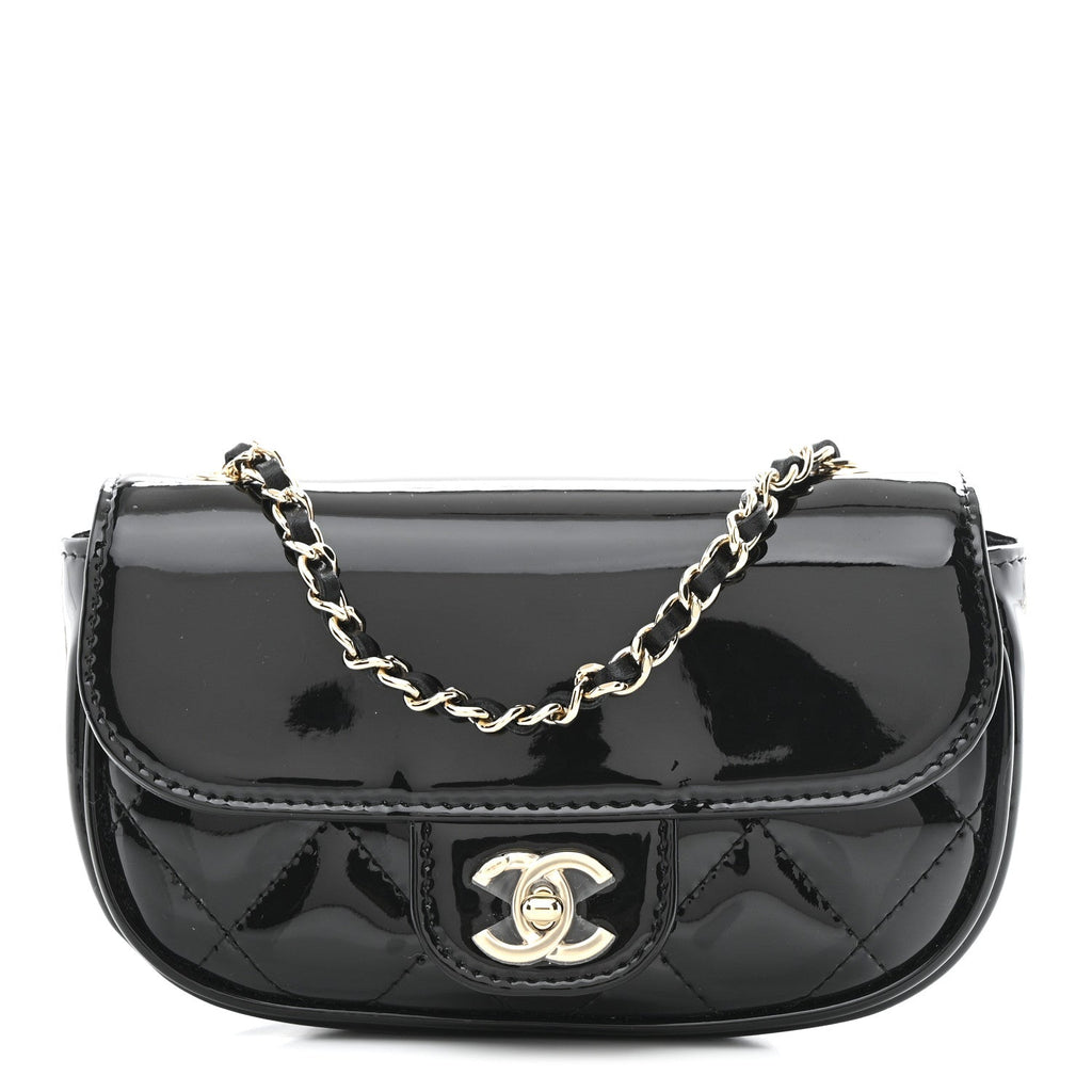 Patent Calfskin Quilted Mini Clutch Black