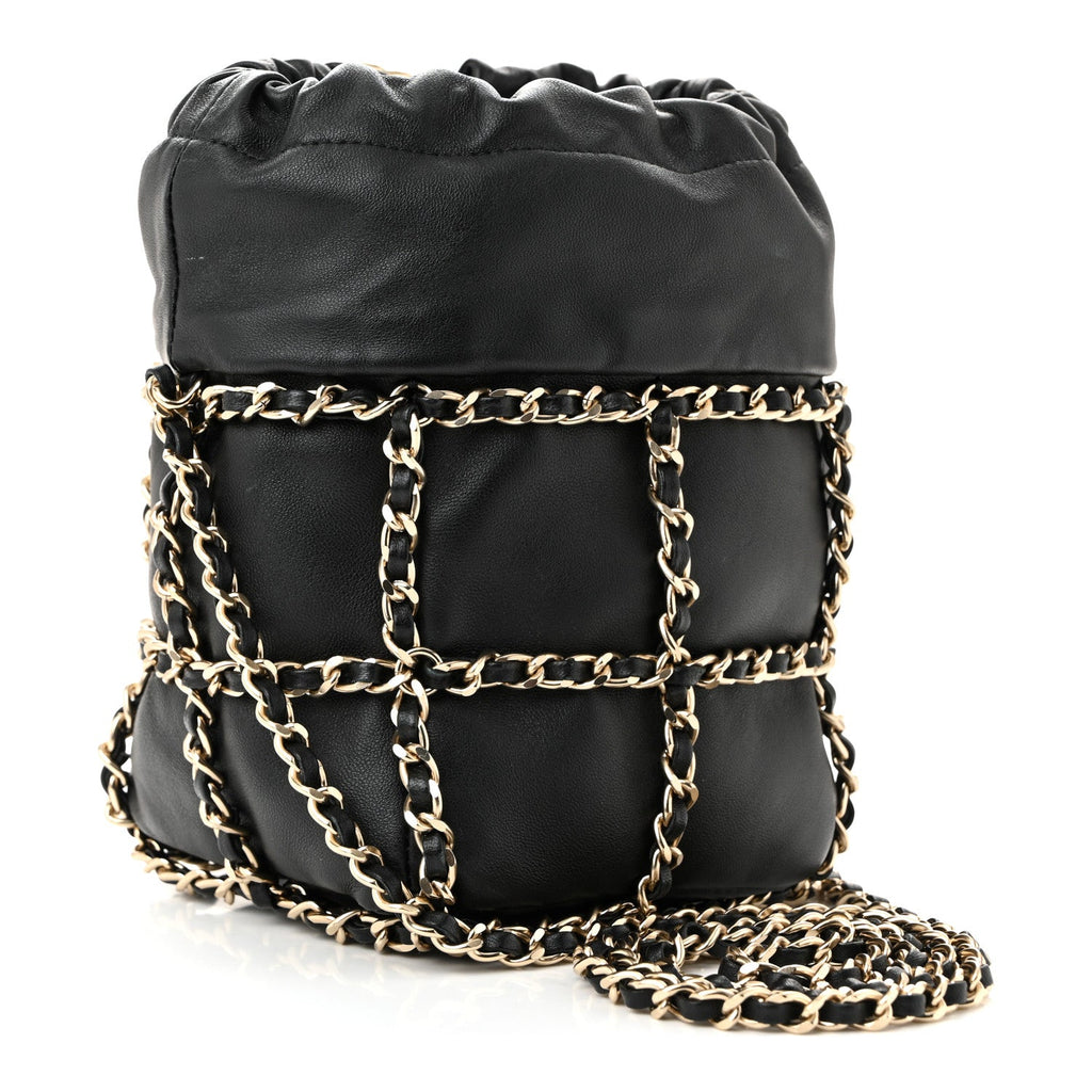 Lambskin Bucket Chain Drawstring Bag Black