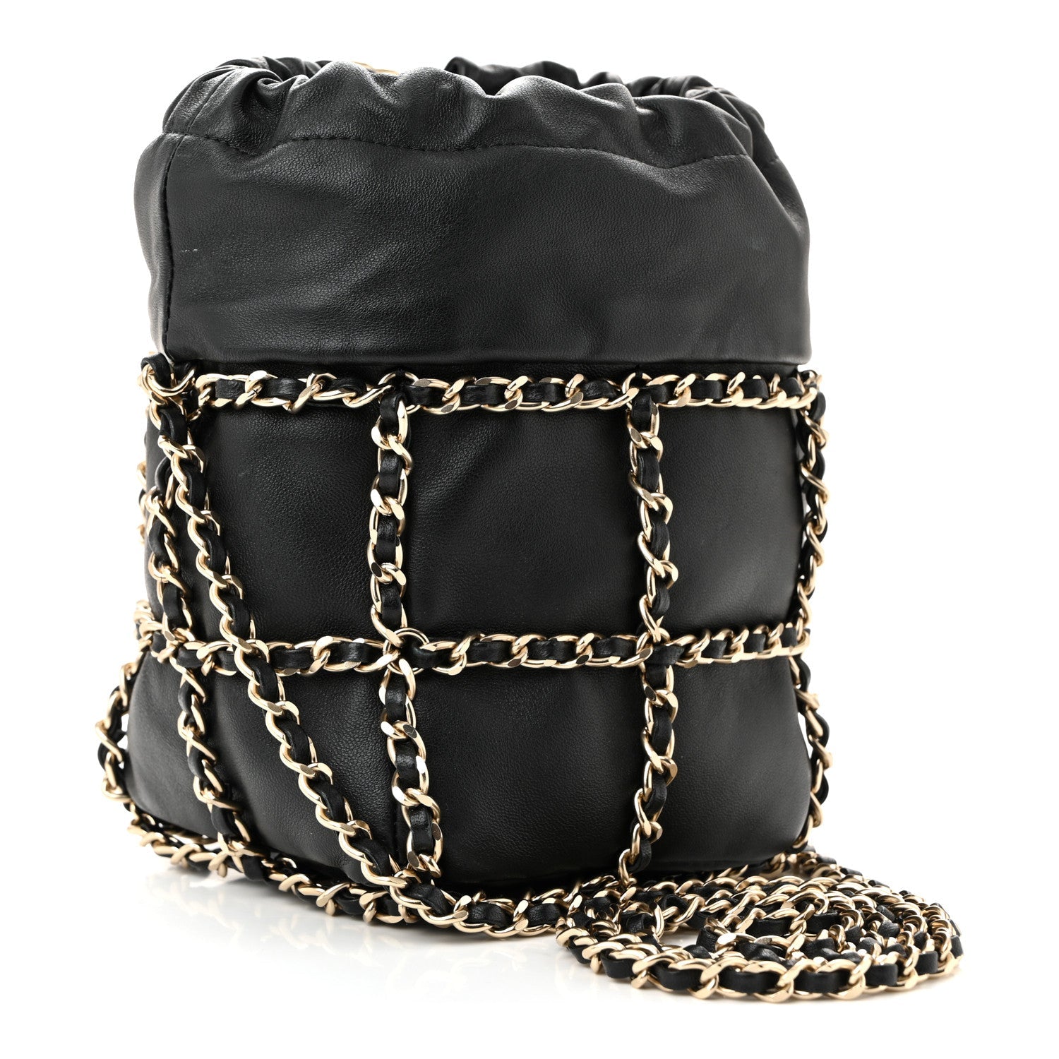 Lambskin Bucket Chain Drawstring Bag Black