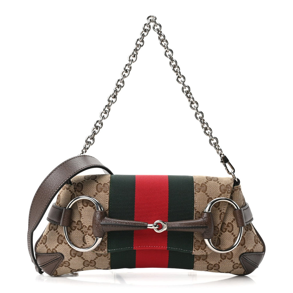 Monogram Textured Dollar Calfskin Heavy Grosgrain Web Small Maxi Horsebit Chain Shoulder Bag Beige Ebony New Acero