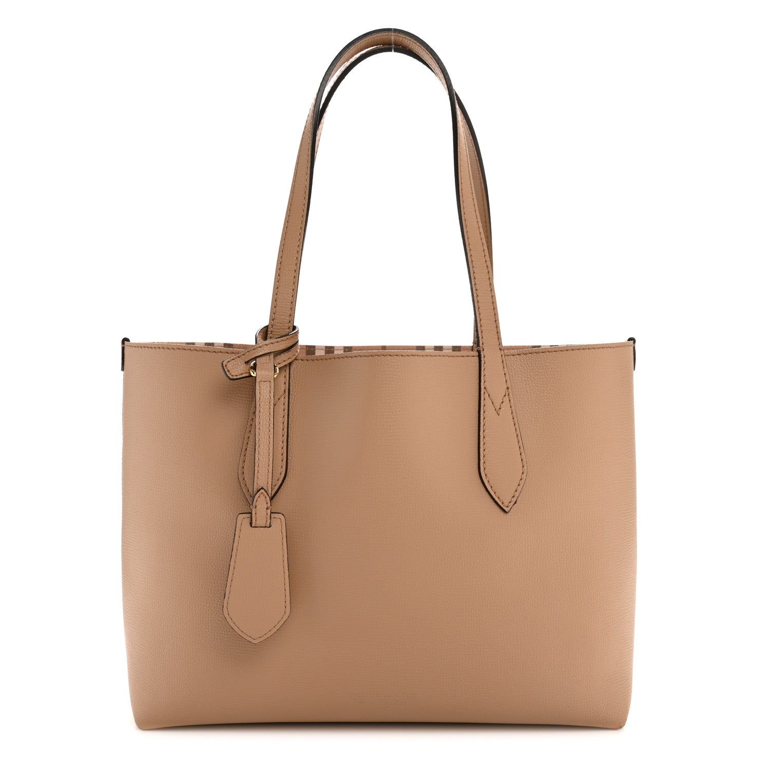 Grainy Calfskin Haymarket Check Small Reversible Tote Mid Camel