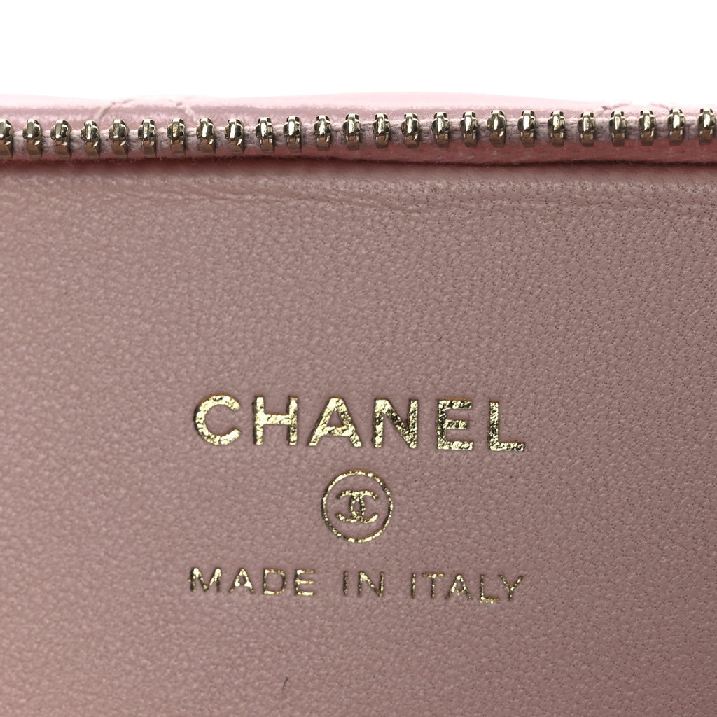 Shiny Lambskin Quilted Top Handle Vanity Case With Chain Pink