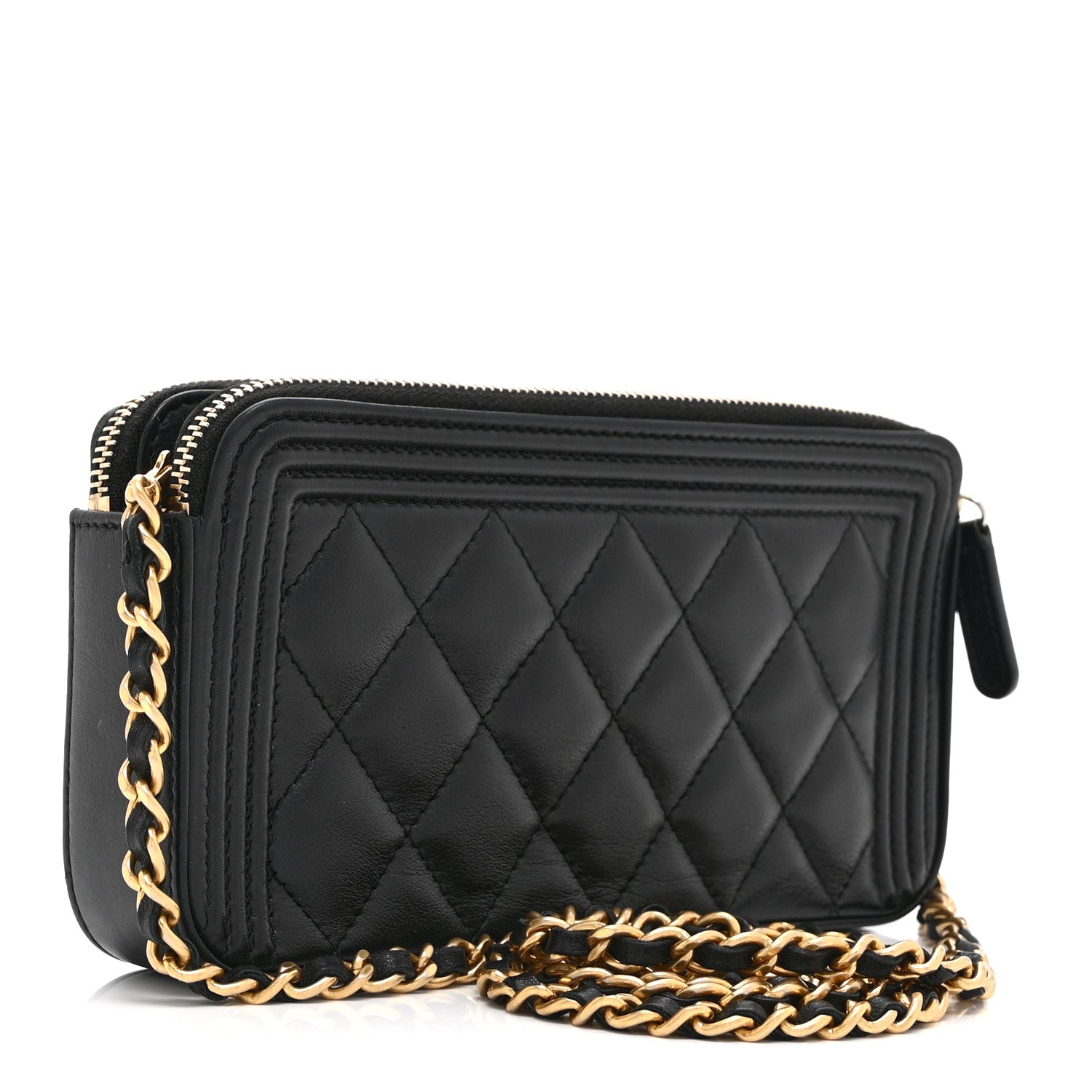 Calfskin Quilted Small Boy Clutch With Chain Black