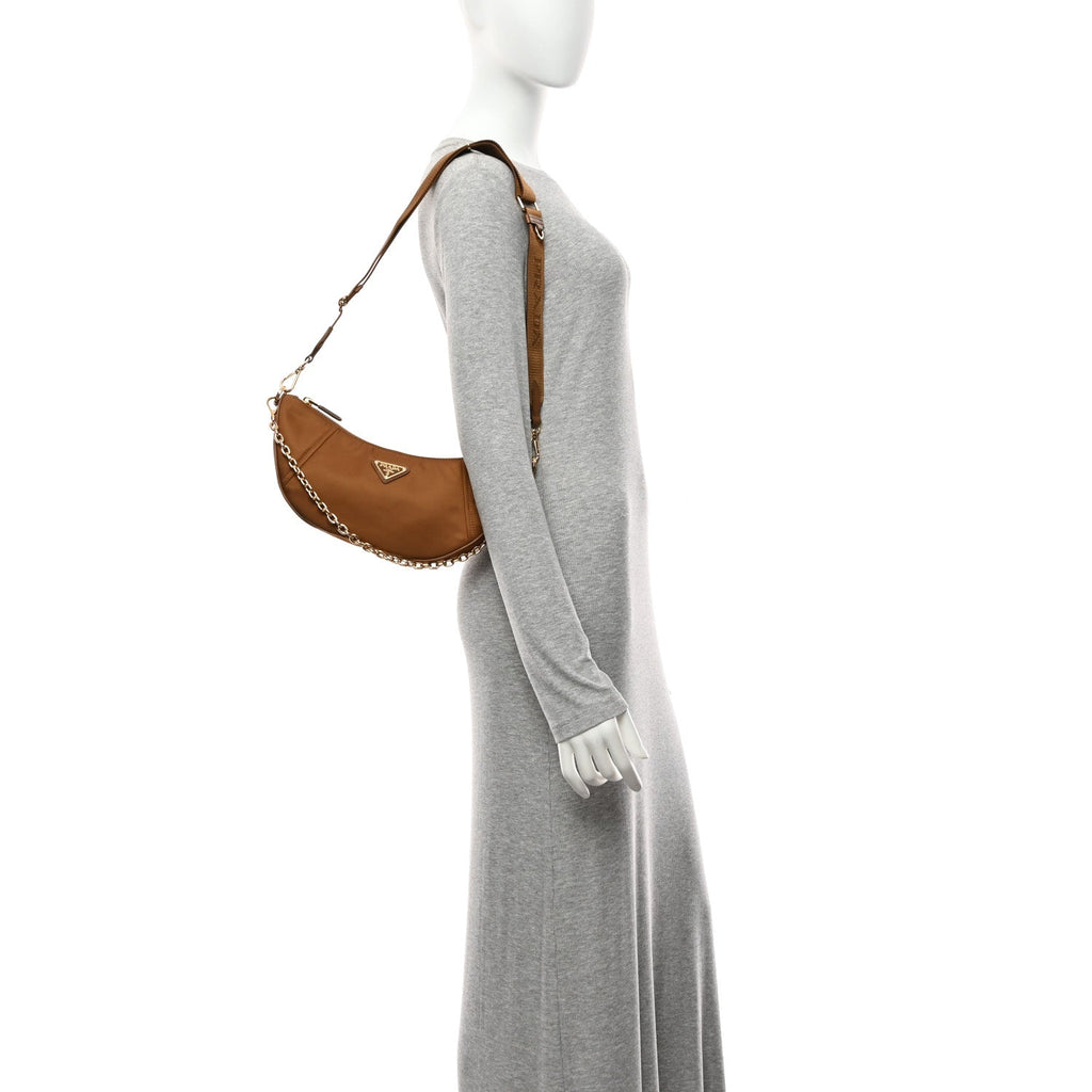 Re-Nylon Saffiano Demi-lune Shoulder Bag Brandy