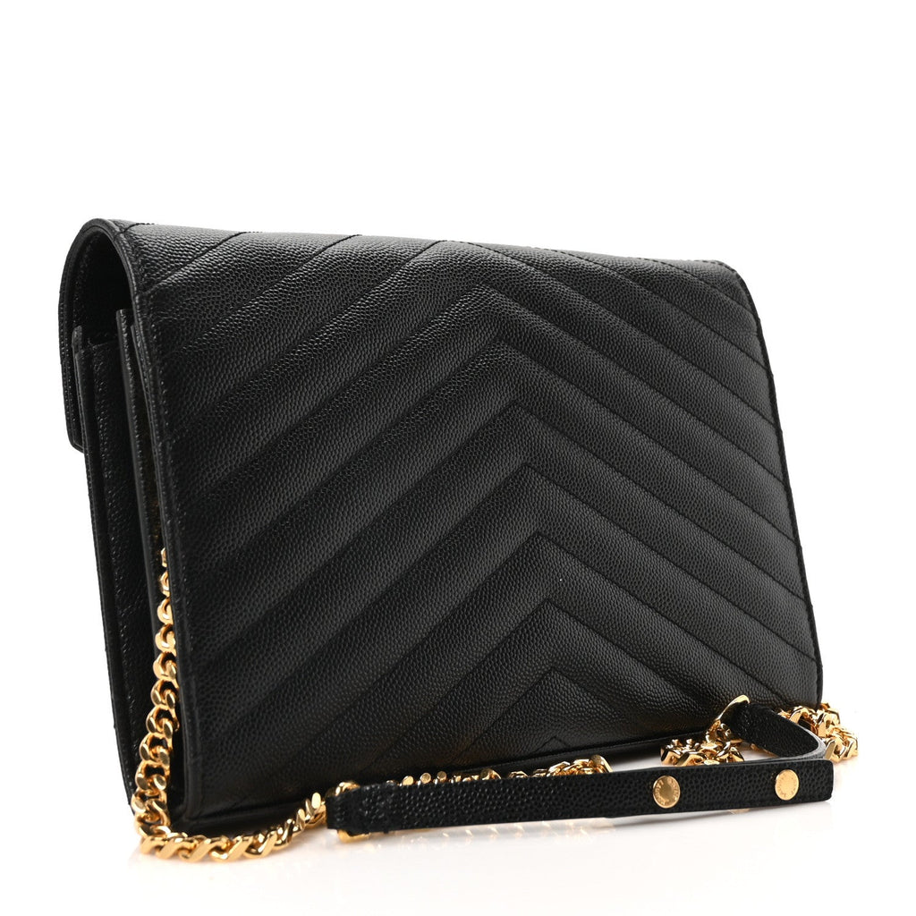 Grain De Poudre Matelasse Chevron Monogram Envelope Chain Wallet Black