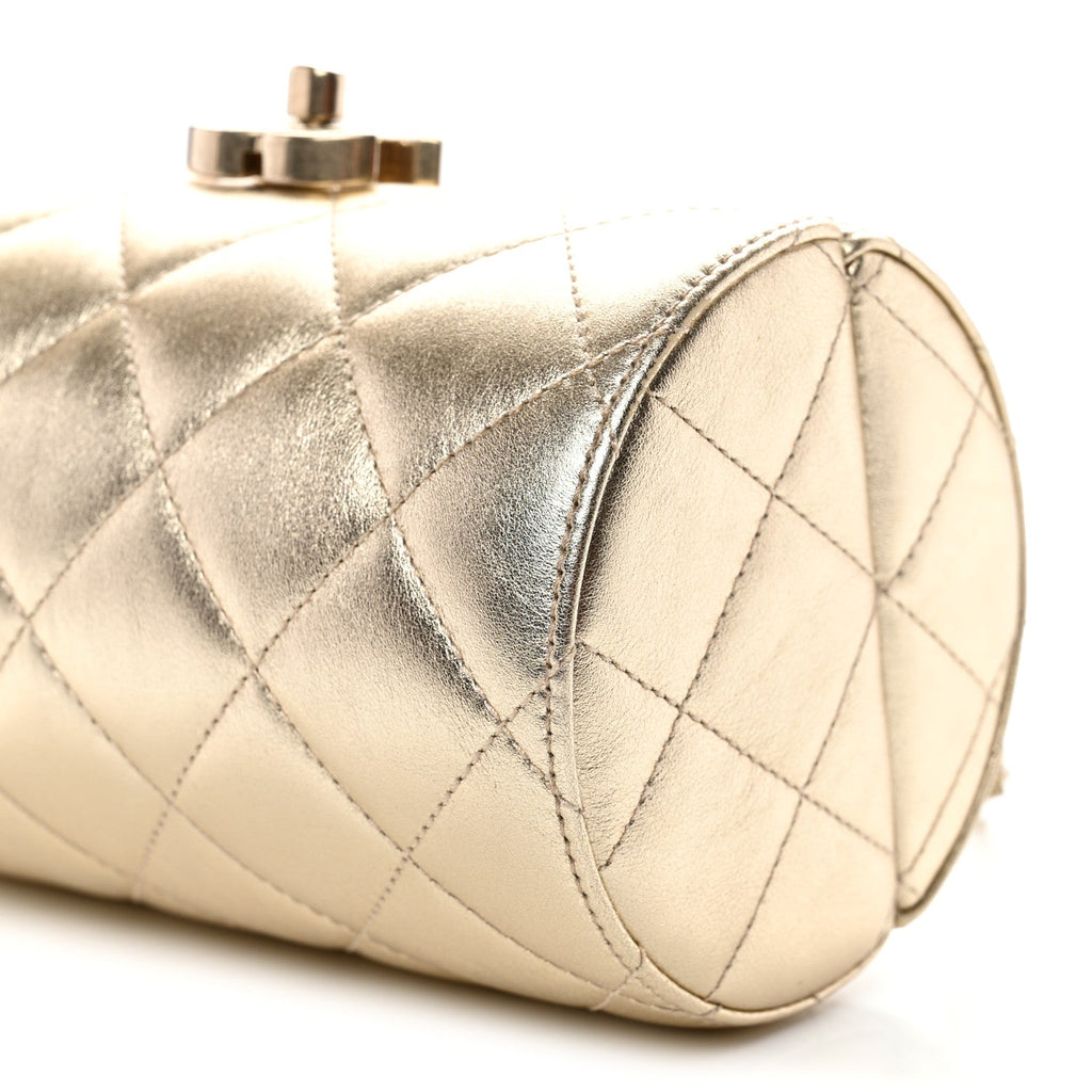 Metallic Lambskin Quilted Barrel Crossbody Bag Gold
