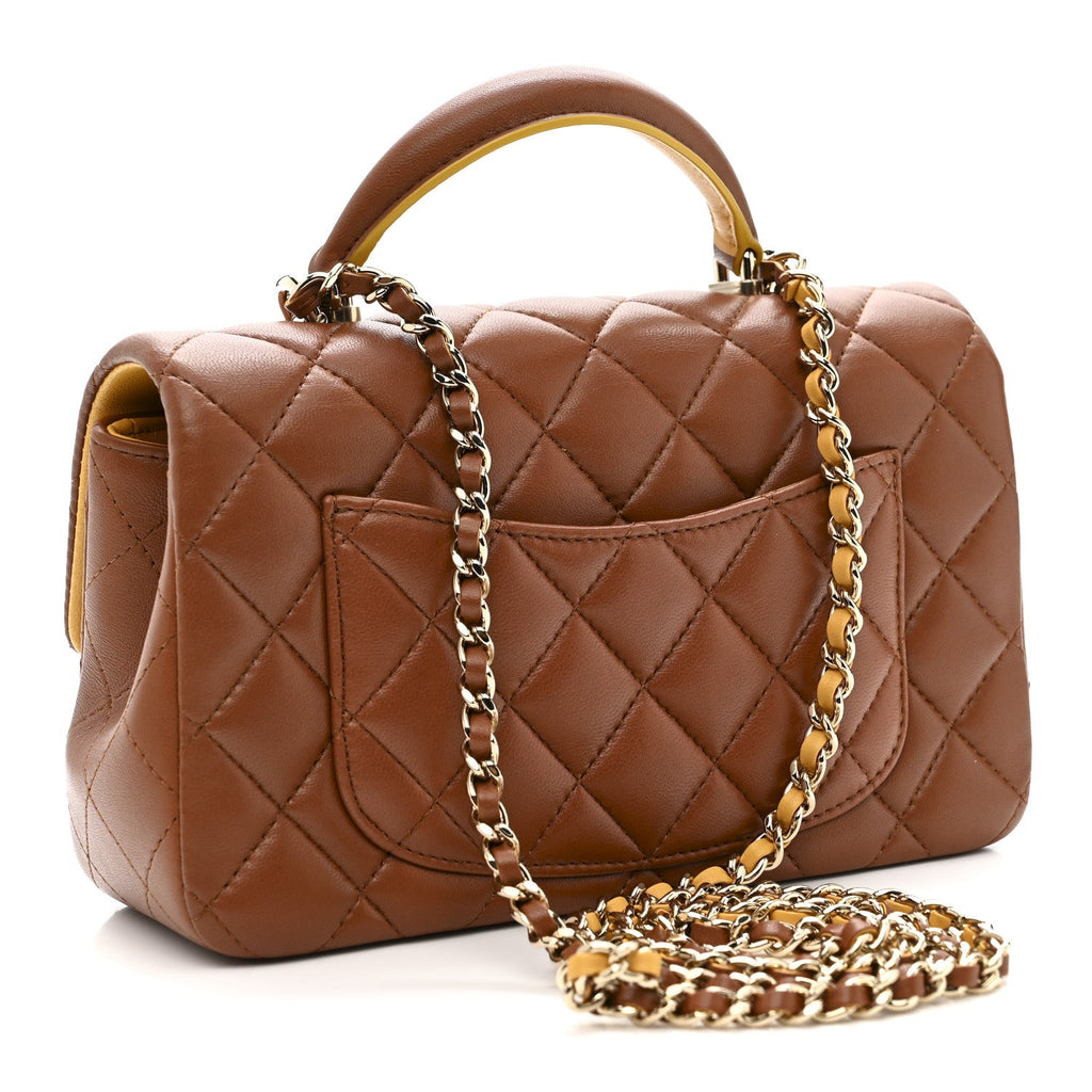Lambskin Quilted Bi-Color Mini Top Handle Rectangular Flap Light Brown Yellow