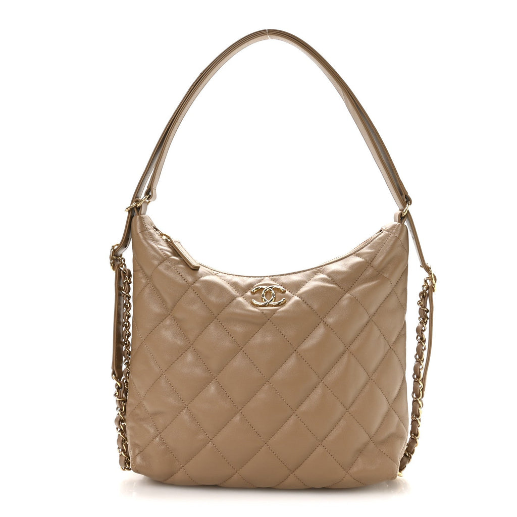 Lambskin Quilted Hobo Beige