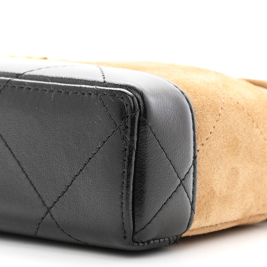 Suede Calfskin Shiny Lambskin Quilted Top Handle Slim Vanity Case With Chain Beige Black