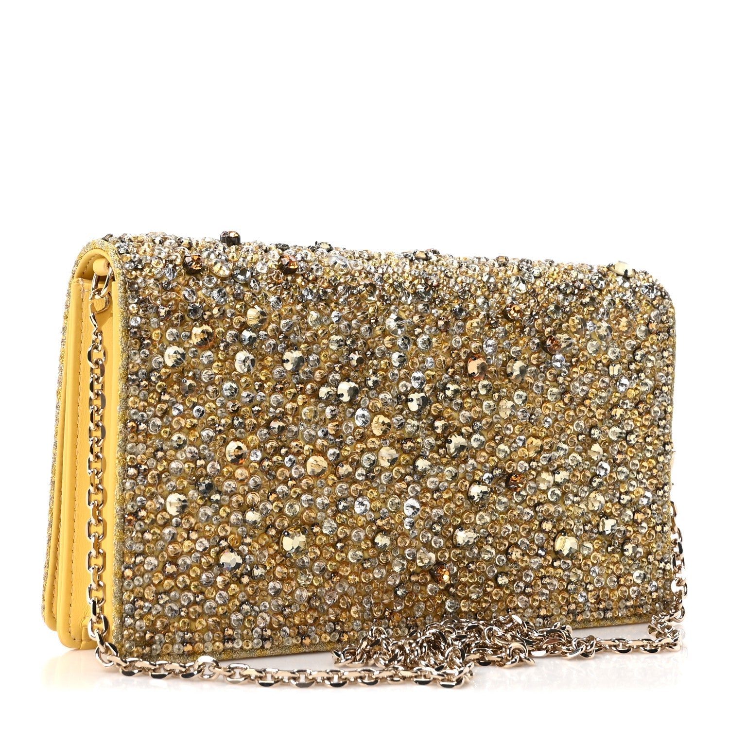 Calfskin Satin Bead Embroidery Lady Dior Clutch Gold Yellow