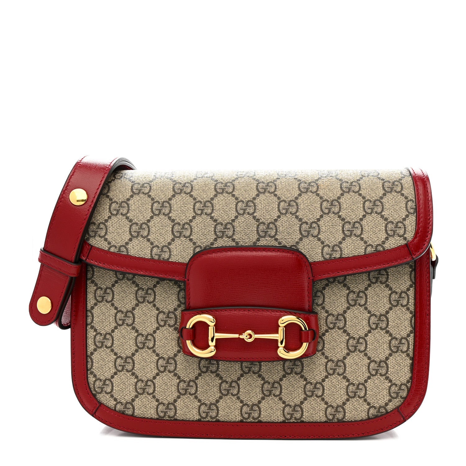 GG Supreme Monogram Azalea Calfskin Horsebit 1955 Shoulder Bag Beige Ebony New Cherry Red