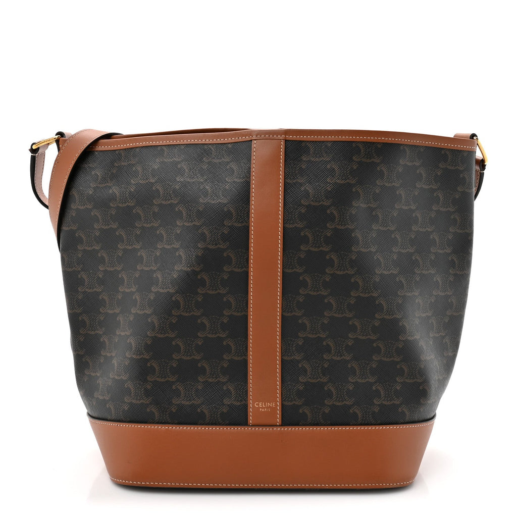 Triomphe Canvas Calfskin Medium Bucket Bag Tan