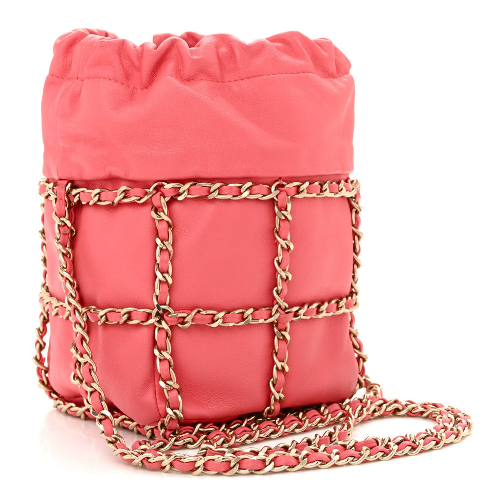 Lambskin Bucket Chain Drawstring Bag Pink