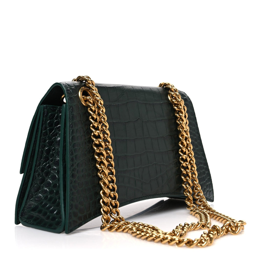 Extra Supple Calfskin Crocodile Embossed Small Crush Chain Bag Forest Green