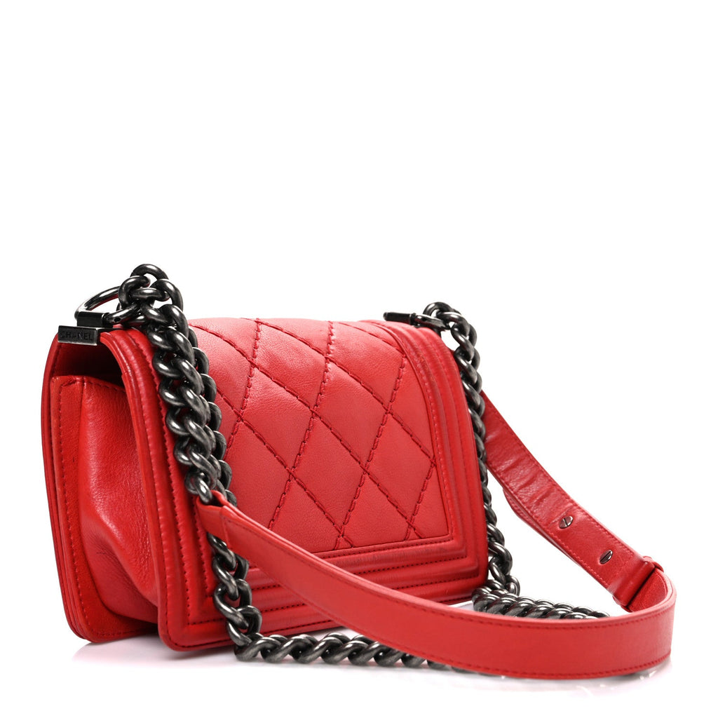 Calfskin Double Stitch Small Boy Flap Red